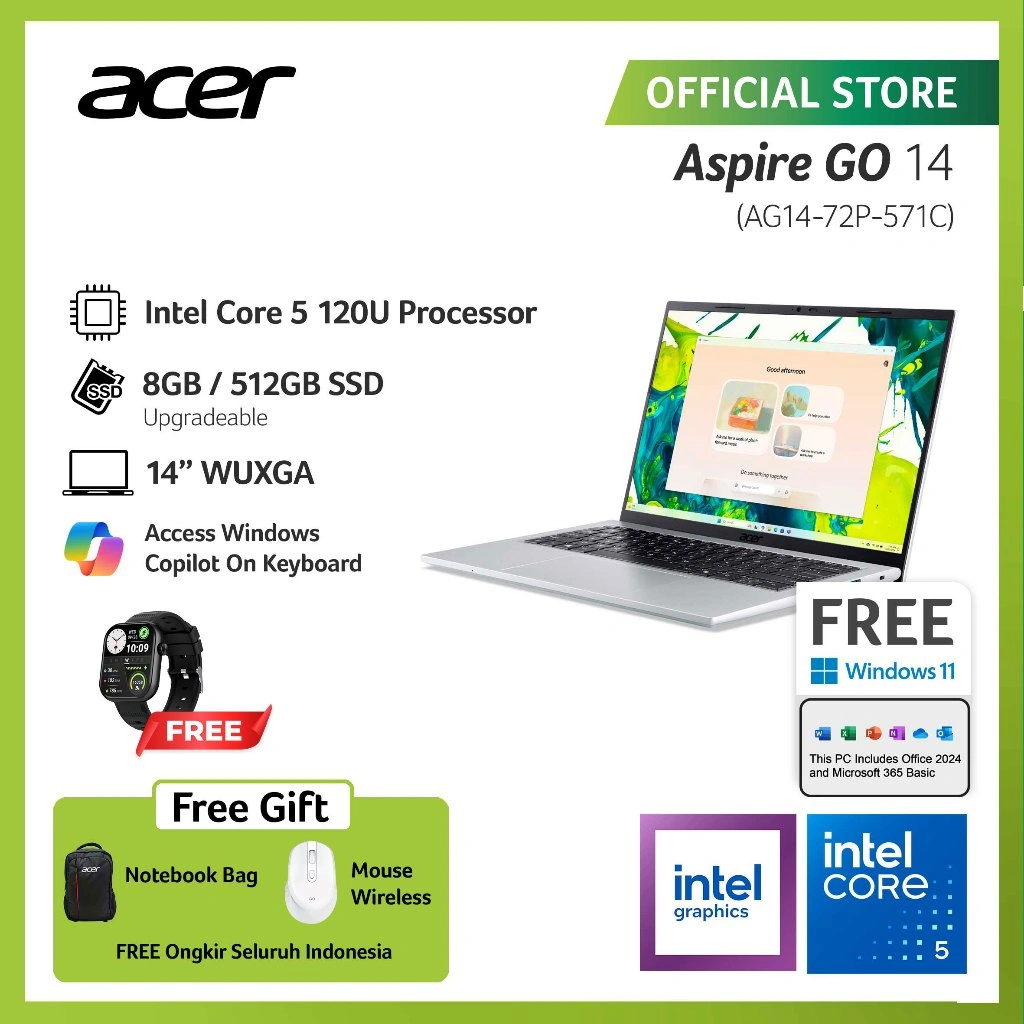 (FREE WIRELESS MOUSE & SMARTWATCH) ACER LAPTOP ASPIRE GO 14 AG14-72P-571C 14" WUXGA INTEL CORE 5 120U RAM 8GB STORAGE 512GB SSD INTEL GRAPHICS WINDOWS 11