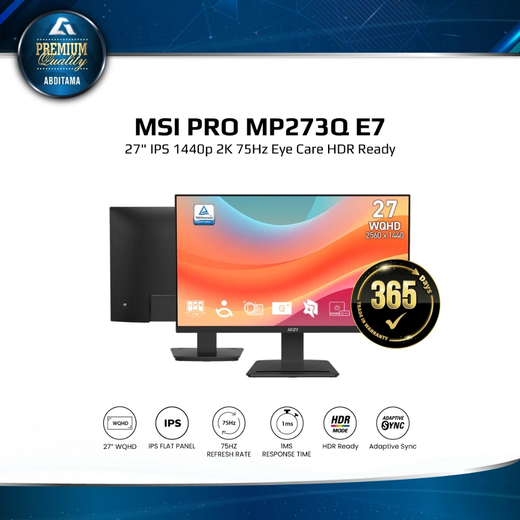 Monitor LED MSI PRO MP273Q E7 27" IPS 1440p 2K 75Hz HDMIx2 DP Vesa 100x100mm MSI Power Link Support Eye Care Technology HDR Ready Accessory Slot Design TÜV certified display ensures the protection and health of eyesight