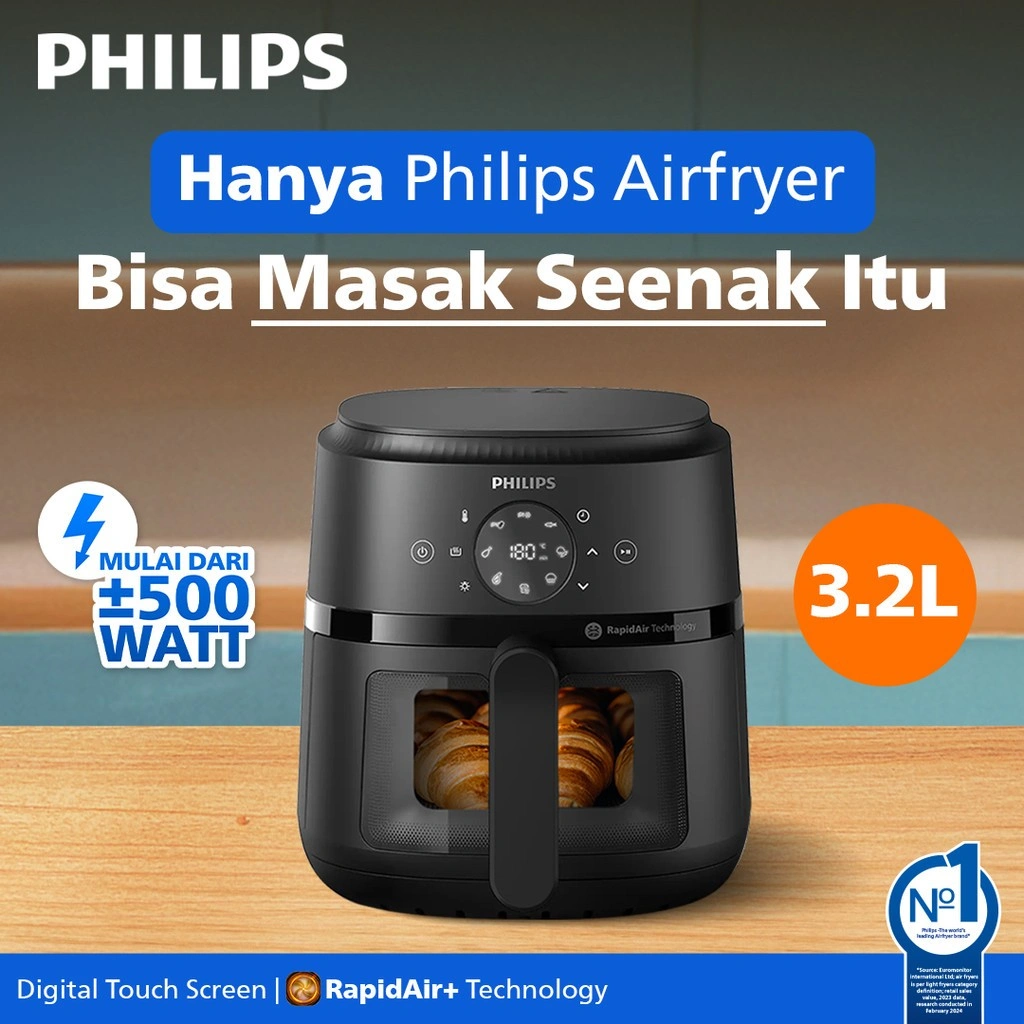 BARU! Philips Airfryer Low Watt 500W Transparan BEST COMPACT SIZE 3.2L NA210/00. Air fryer multifungsi digital layar sentuh, air fryer philips - Rapid Air Technology - Hitam