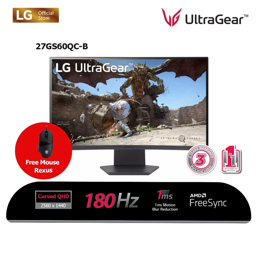 (Free Mouse) LG UltraGear 27GS60QC-B 27" VA QHD Gaming Monitor AMD FreeSync 1ms 180Hz