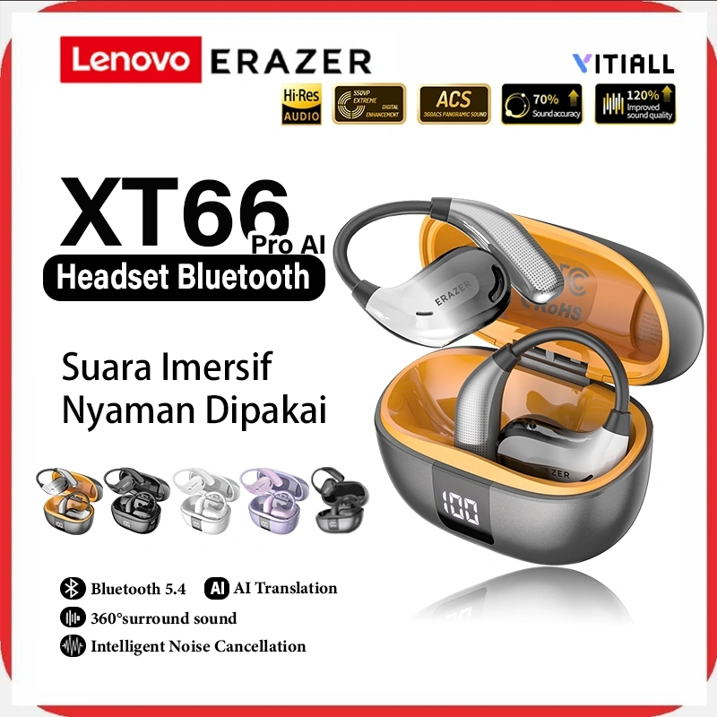 Lenovo ERAZER XT66 PRO TWS True Headset Wireless Earphones Bluetooth 5.4 OWS VITIALL Open Ear Bone Conduction Super Bass Headphone With Mic Waterproof IPX5