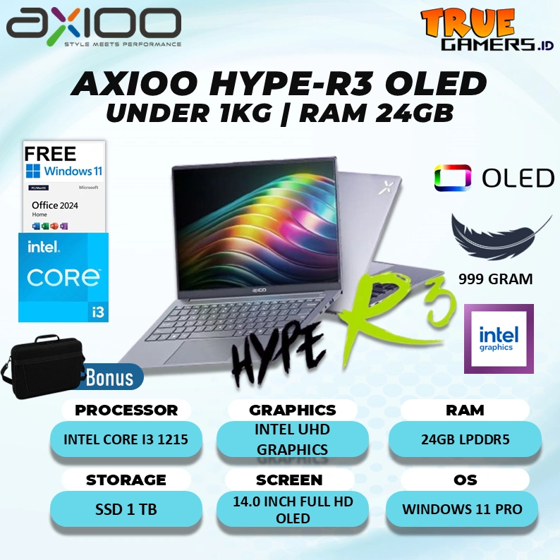 Laptop Axioo Hype R3 OLED i3 1215 RAM 24GB SSD 1TB Windwos 11 + Office Home 14.0FHD OLED UNDER 1KG