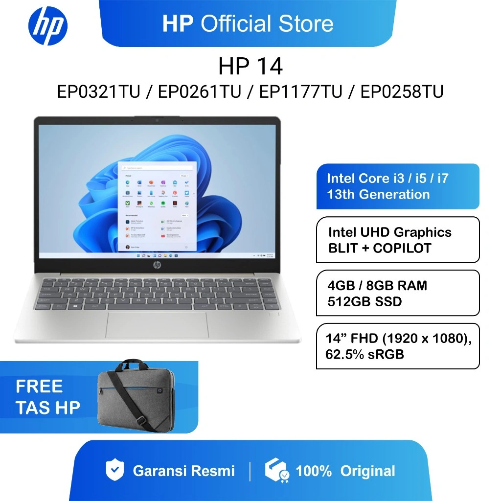 Laptop HP 14 Intel Core i3 / i5 / i7 Gen13 UHD 8GB RAM / 512GB SSD / Windows 11 Home + OHS / 14 Inch FHD / Backlit Keyboard + COPILOT / Garansi 2 Tahun