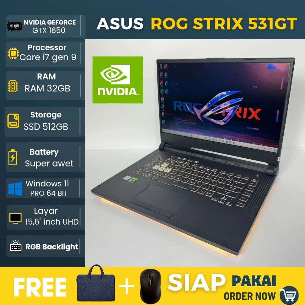 Laptop Asus Rog series core i7 Ram 32GB SSD 512GB VGA Nvidia GeForce windows 11 - siap pakai