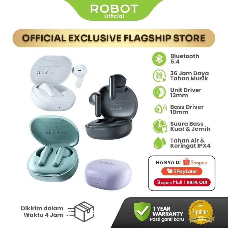 ROBOT TWS Enco Buds 1 True Wireless Semi In-Ear Mini Earbuds Bluetooth 5.4 Sports Earphones Headphones in Mic - Garansi 1 Tahun