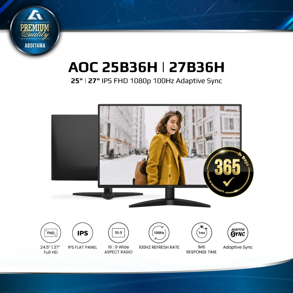 Monitor LED AOC 25B36H 24.5" | 27B36H 27" IPS FHD 1080p 100Hz VGA HDMI Vesa 100x100mm IPS Wide Viewing Angle High Contrast Ratio 1300:1 Mega DCR Adaptive Sync Low Blue Mode