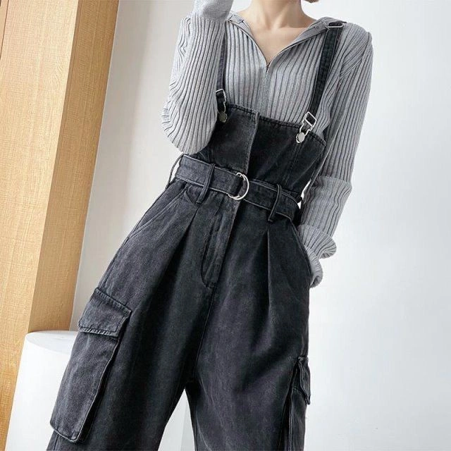 [NANA]Hitam Overall denim kaki lebar Jumpsuit pinggang ramping 016