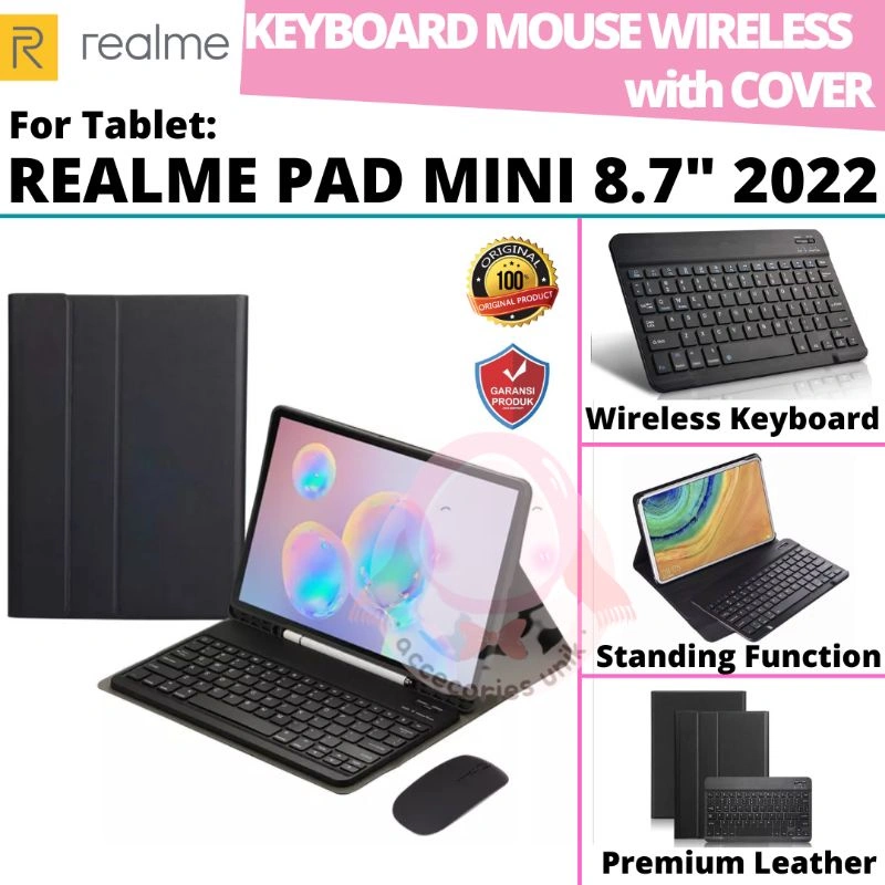 Realme Pad Mini 8.7 Inch 2022 Book Cover Leather Flip Case Keyboard Wireless Bluetooth Mouse Silent Click Casing Sarung Kulit