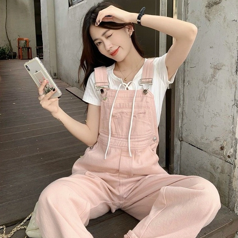 Terusan Denim Merah Muda Versi Korea Wanita Longgar Jumpsuit Kaki Lurus Berpinggang Kecil Kecil