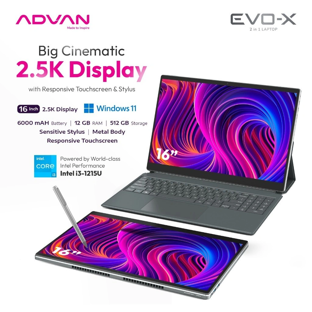 [BEST DEAL] ADVAN Laptop 2 in 1 EVO-X 16” Touch Screen Detachable 2.5K Display Intel i3-1215U 12GB/512GB Windows 11 - Free Stylus Pen
