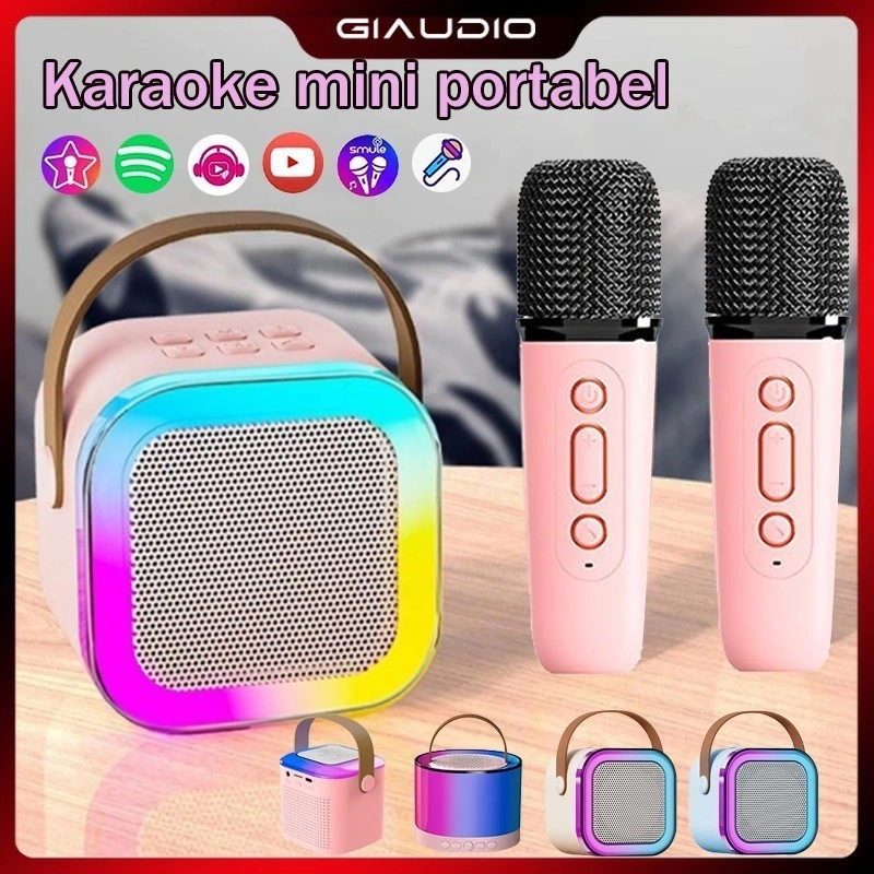 K12 Speaker Bluetooth Mini 2Mic Portabel Microphone Karaoke Rumah Musik Box Set HIFI Full Bass Stereo Bluetooth 5.3 Speaker MP3 KTV Rumah Mini Dilengkapi Dengan Lampu Pelangi Yang Indah
