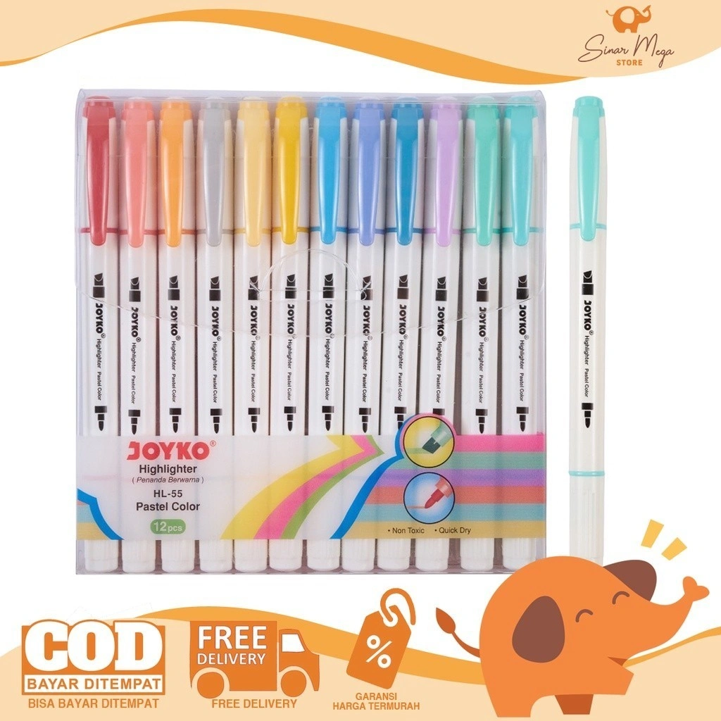Joyko Highlighter HL-55 1 Set Isi 12Pcs Dual Tip / Penanda 12 Warna Pastel Color Lucu Unik Murah