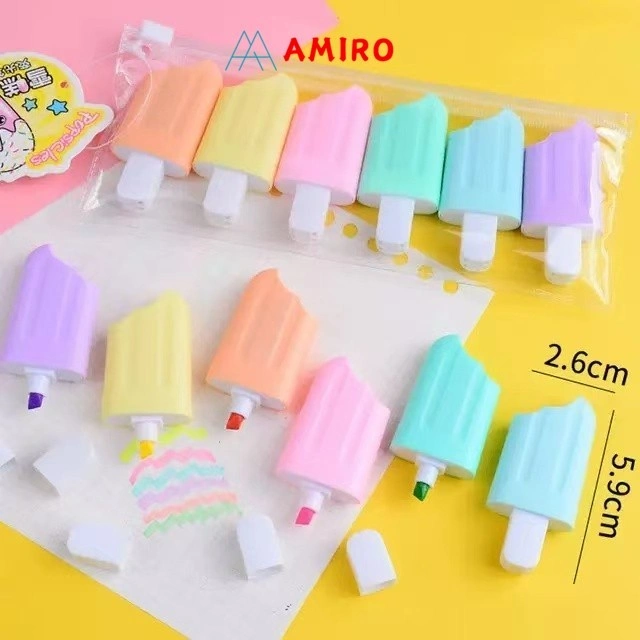 (6 Pcs) Stabilo Set HighLight Motif Es Krim Free Pouch Highliter Stabilo Ice Cream Stationery Lucu Unik Penanda Buku Warna Warni Kado Hadir