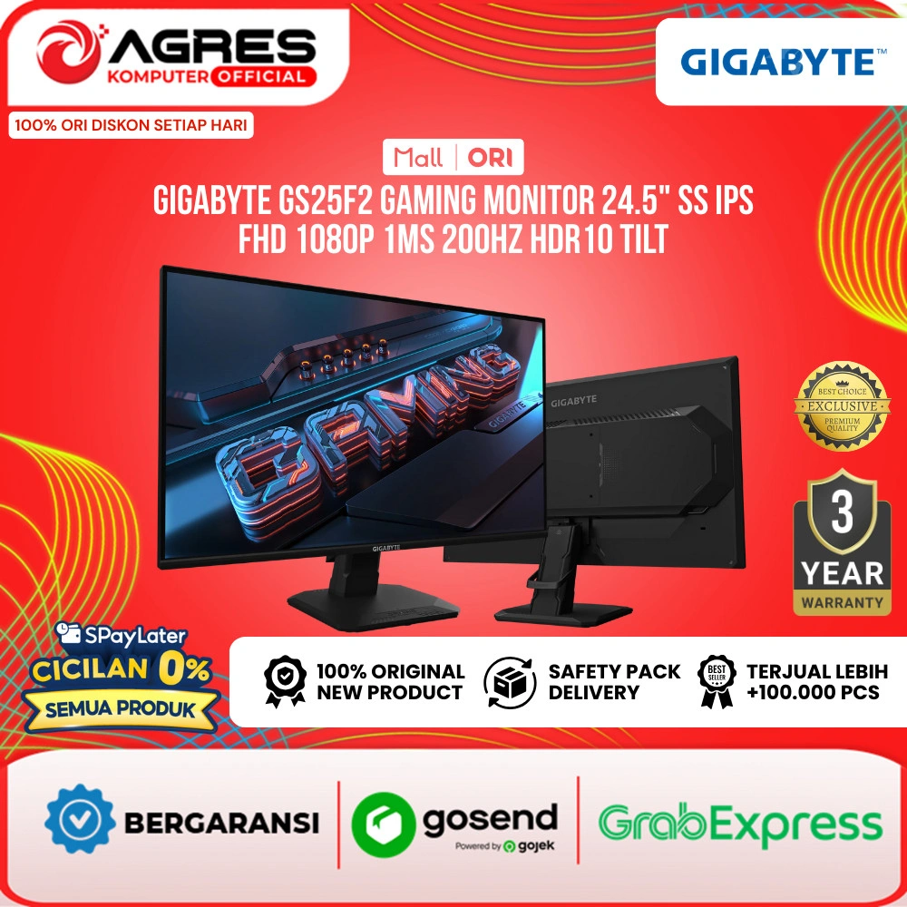GIGABYTE GAMING MONITOR 25 INCH SS IPS FHD 1080P 1MS 200HZ GS25F2 HDR10 TILT 3Y
