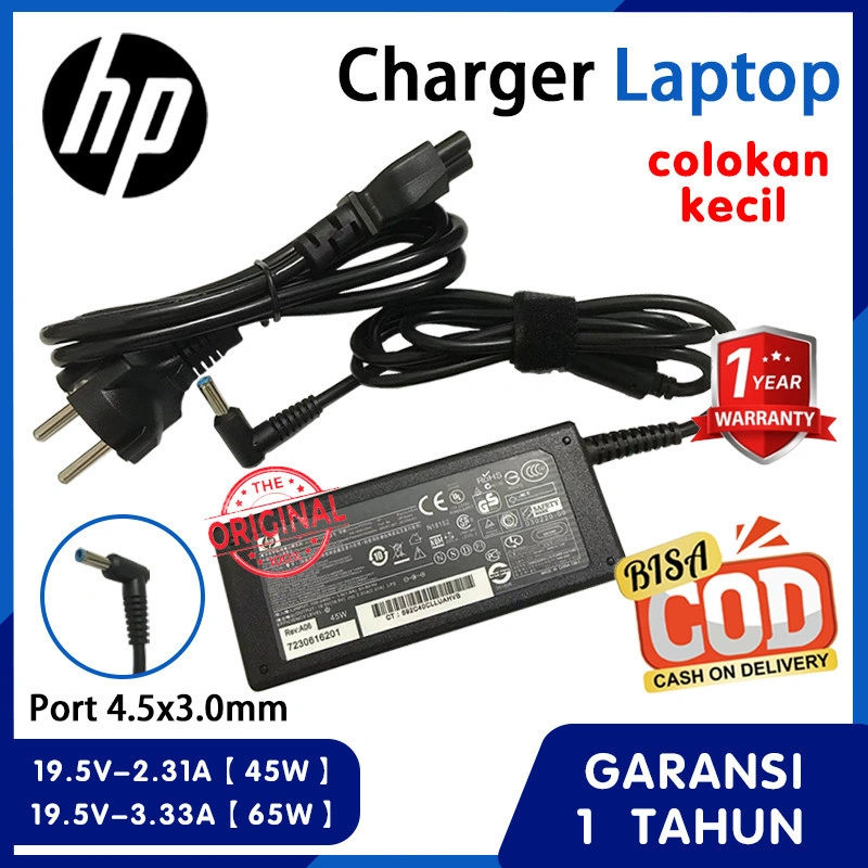 Charger Laptop HP Original 45W 65W Blue Pin 4.5*3.0 - Untuk HP 14 14s Series 14-bs007tx 14s-cf2xxx 19.5V 2.31A 3.33A, Garansi