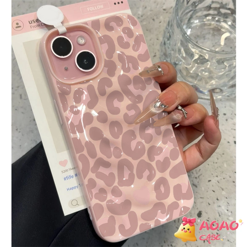 Case HP Untuk IPhone 11 16 13 14 12 15 Pro Max 16 15 14 Plus 15 13 12 16 14 Pro Mode Kreatif Motif Macan Tutul Merah Muda Cinta Hati Gelombang Ruffle Air Mengkilap Soft Cover
