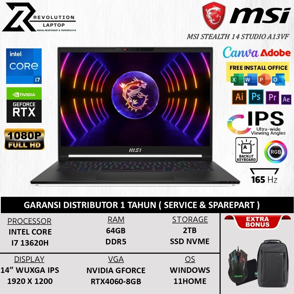MSI STEALTH 14 STUDIO A13VF RTX 4060 8GB Core i7 13620H 32GB 2TB SSD 165Hz Laptop Gaming