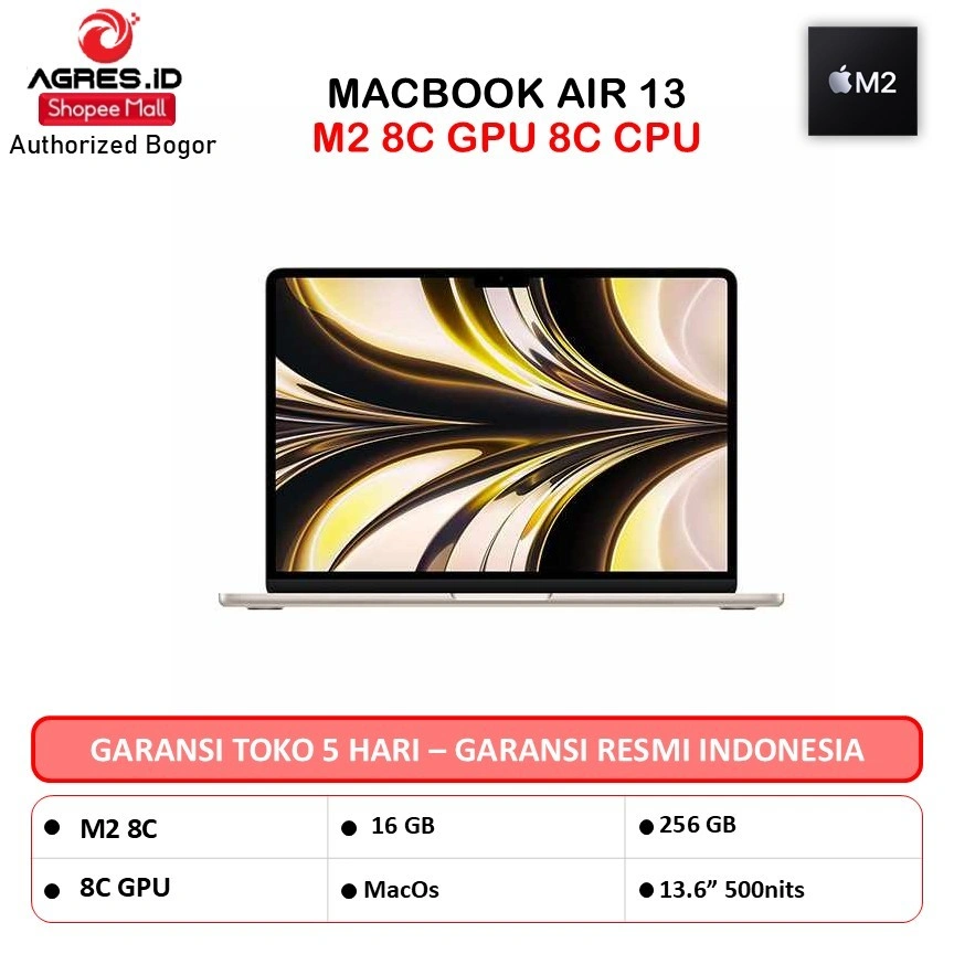 APPLE MACBOOK AIR 13 M2 8C GPU 16GB 256GB 8C CPU 13.6 STARLIGHT -MC7W4ID