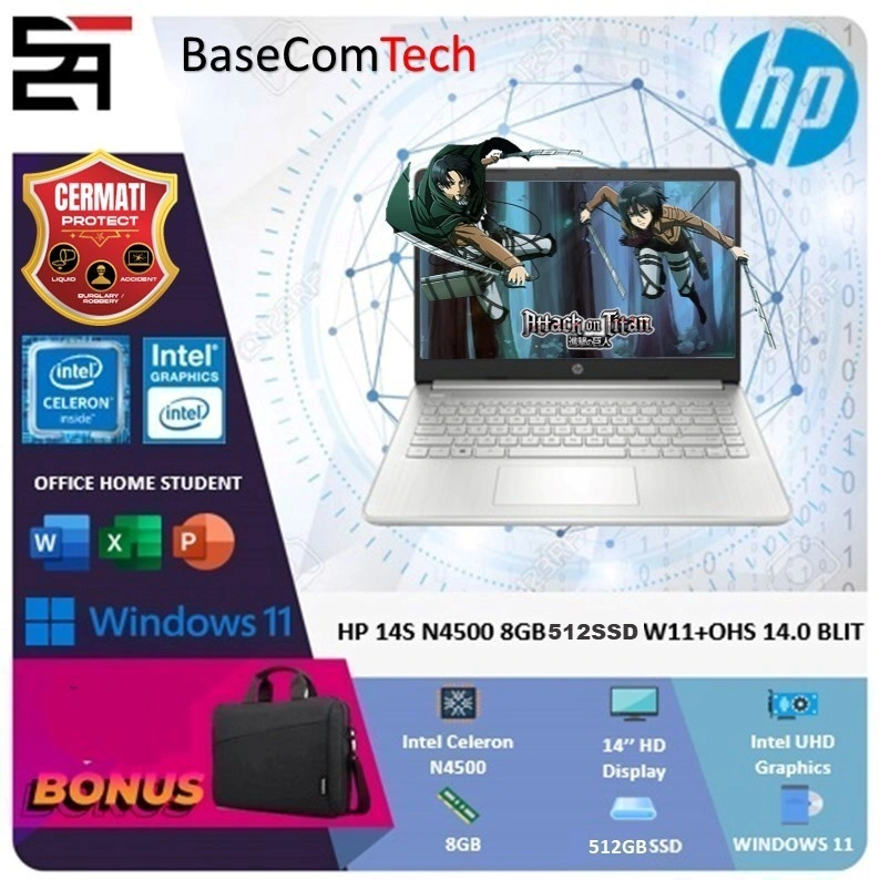 Laptop HP 14S N4500 RAM 8GB 512GB SSD W11+OHS 14 Inchi HD