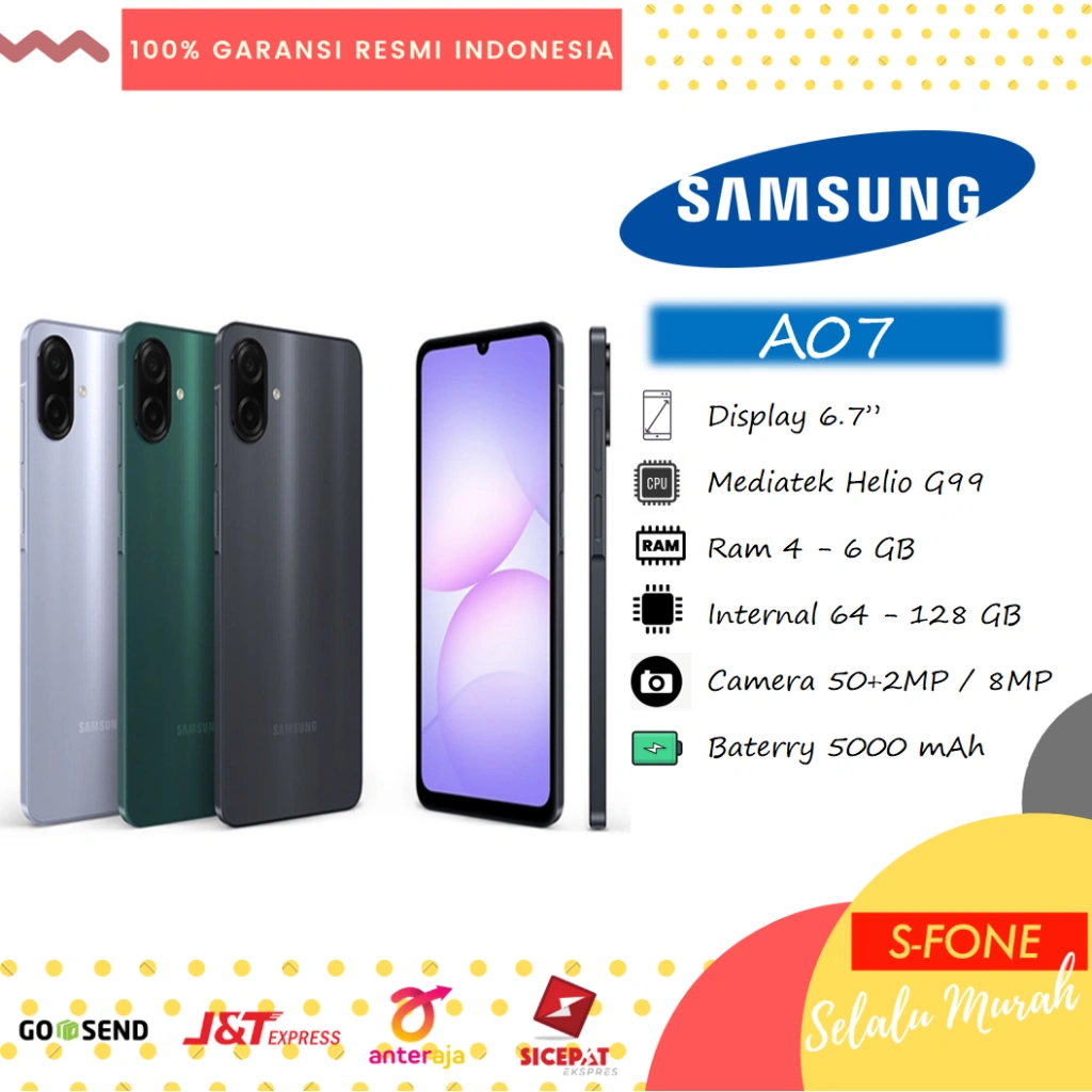 Samsung Galaxy A07 4/64 | 4/128 | 6/128 | 8/256GB Free Adaptor 25W Mediatek Helio G99 Layar 6.7"