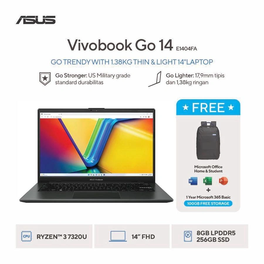 ASUS VivoBook Go 14 E1404FA-FHD3821M - Mixed Black [AMD Ryzen 3 7320U / AMD Radeon Graphics / 8GB / 256GB / 14inch / WIN11 / OHS24 / M365]