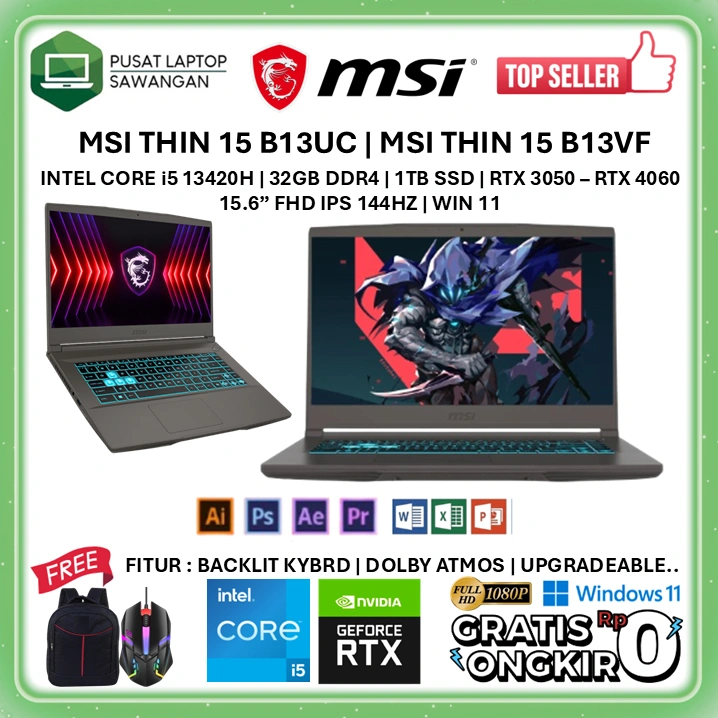 Laptop Gaming MSI Thin 15 RTX 4060 Intel Core i5 13420H RAM 32GB 1TB SSD Layar 144Hz Windows 11
