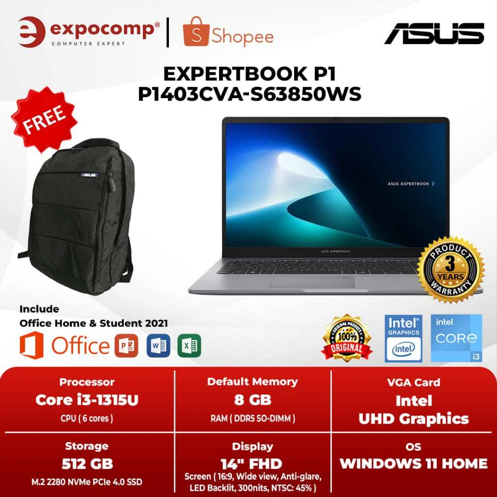 ASUS EXPERTBOOK P1 P1403CVA-S63850WS INTEL CORE i3-1315U 8GB 512GB WIN 11 + OHS 2O21