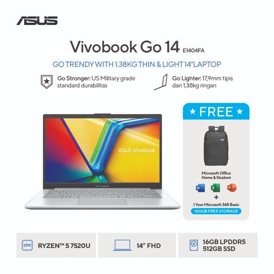 [FREE MOUSE] ASUS Vivobook Go 14 E1404FA-VIPS5153M - Cool Silver [AMD Ryzen 5 7520U / AMD Radeon Graphics / 16GB / 512GB / 14inch / WIn11 / OHS24 / M365]
