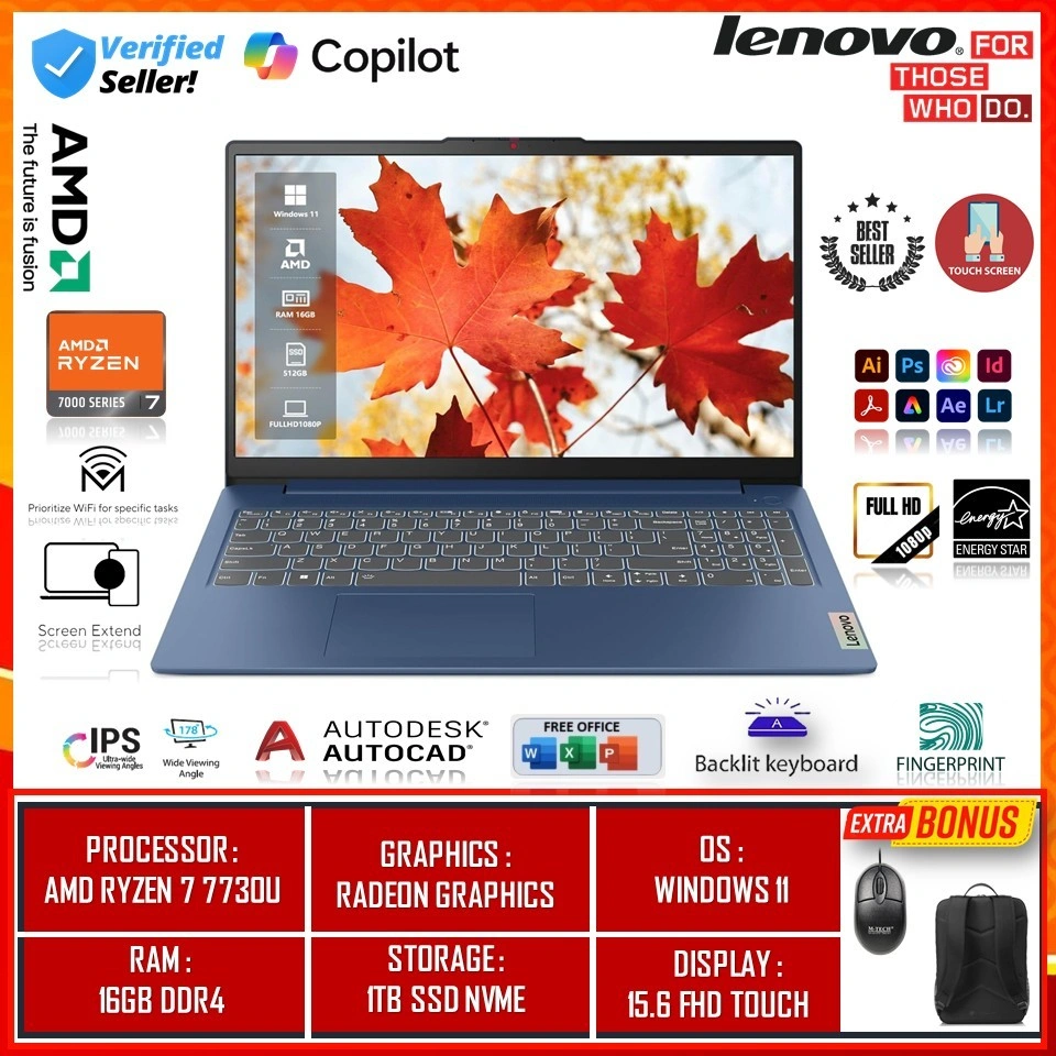 Laptop Lenovo IdeaPad Slim 3 15 AMD RYZEN 7 7730U 16GB DDR5 1TB 15.6 Fhd Touchscreen Win11home