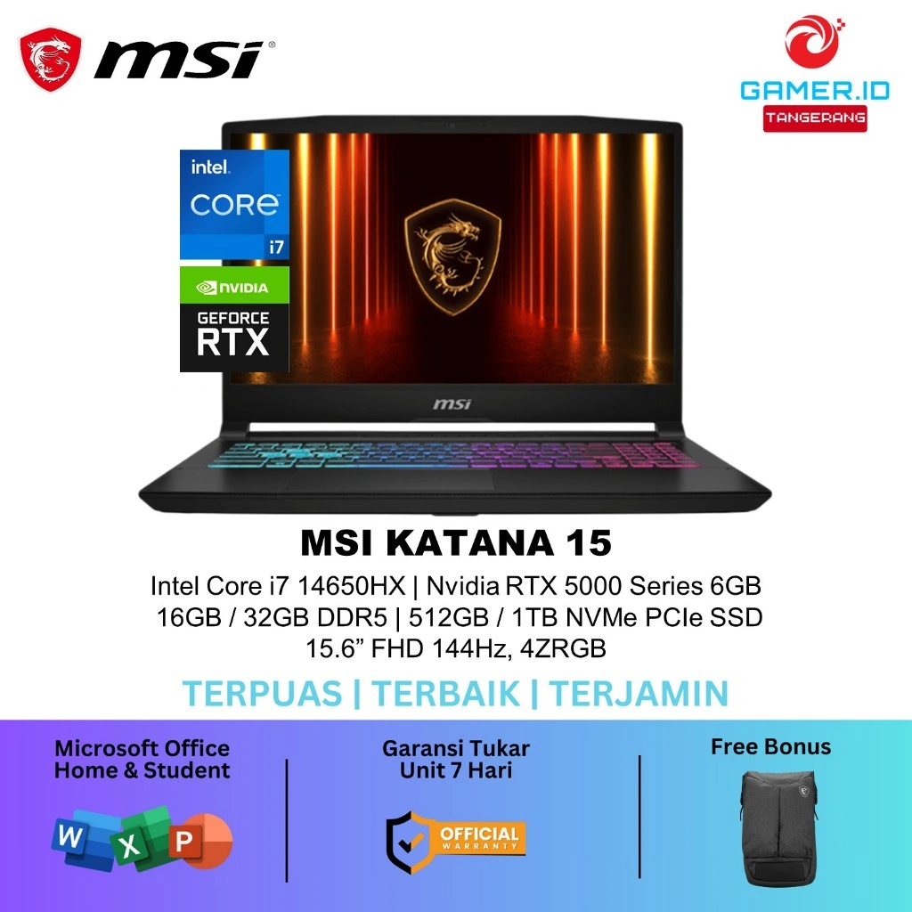 Laptop MSI KATANA 15 HX Intel Core i7 14650HX 16GB/32GB SSD 1TB RTX 5000 Series 15.6 Inch Windows 11 Home + OHS - RESMI