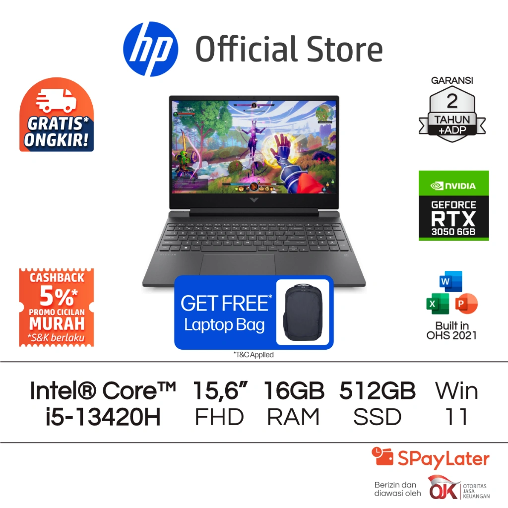 Victus Laptop Gaming HP Intel Core i5 NVIDIA GeForce RTX 3050 16GB RAM 512GB SSD Silver Free Windows 11 Home 15.6 Inch 144 Hz Garansi 2 Tahun Promo Murah Gratis Ongkir Official Non Second