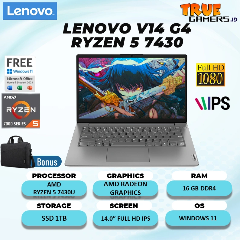 Laptop Gaming Lenovo V14 G4 RYZEN 5 7430U 16GB 1TB WIN 11+OHS 14.0" Full HD