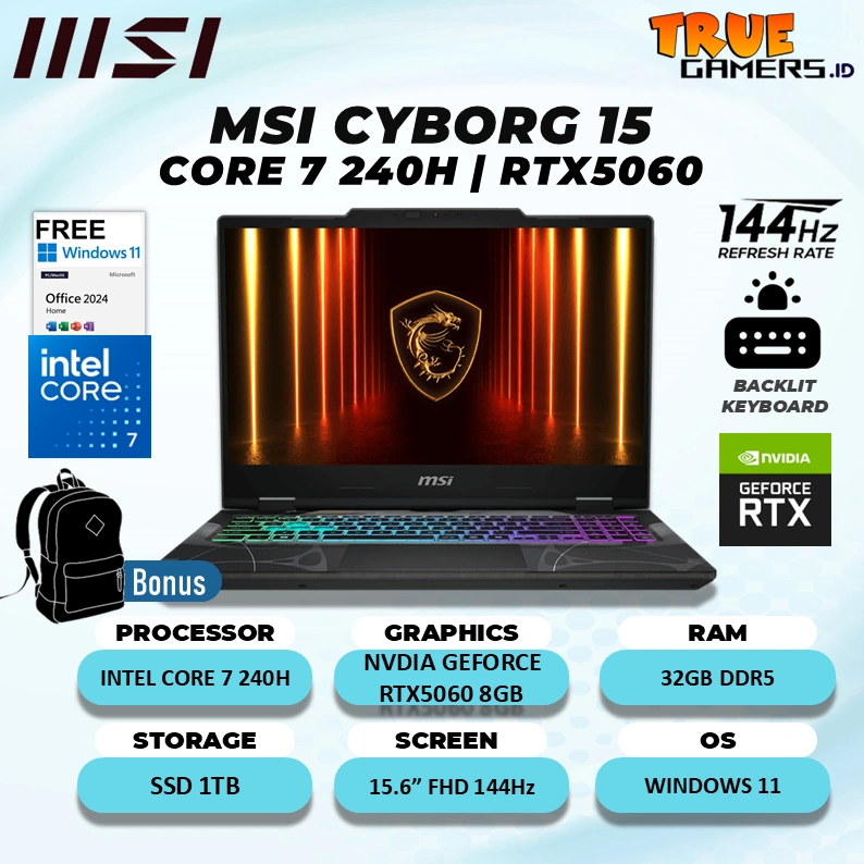 Laptop Gaming MSI Cyborg 15 Core 7-240H RTX5060 8GB/ 32GB 1TB SSD 15.6" FHD 144Hz 4zRGB W11+OHS