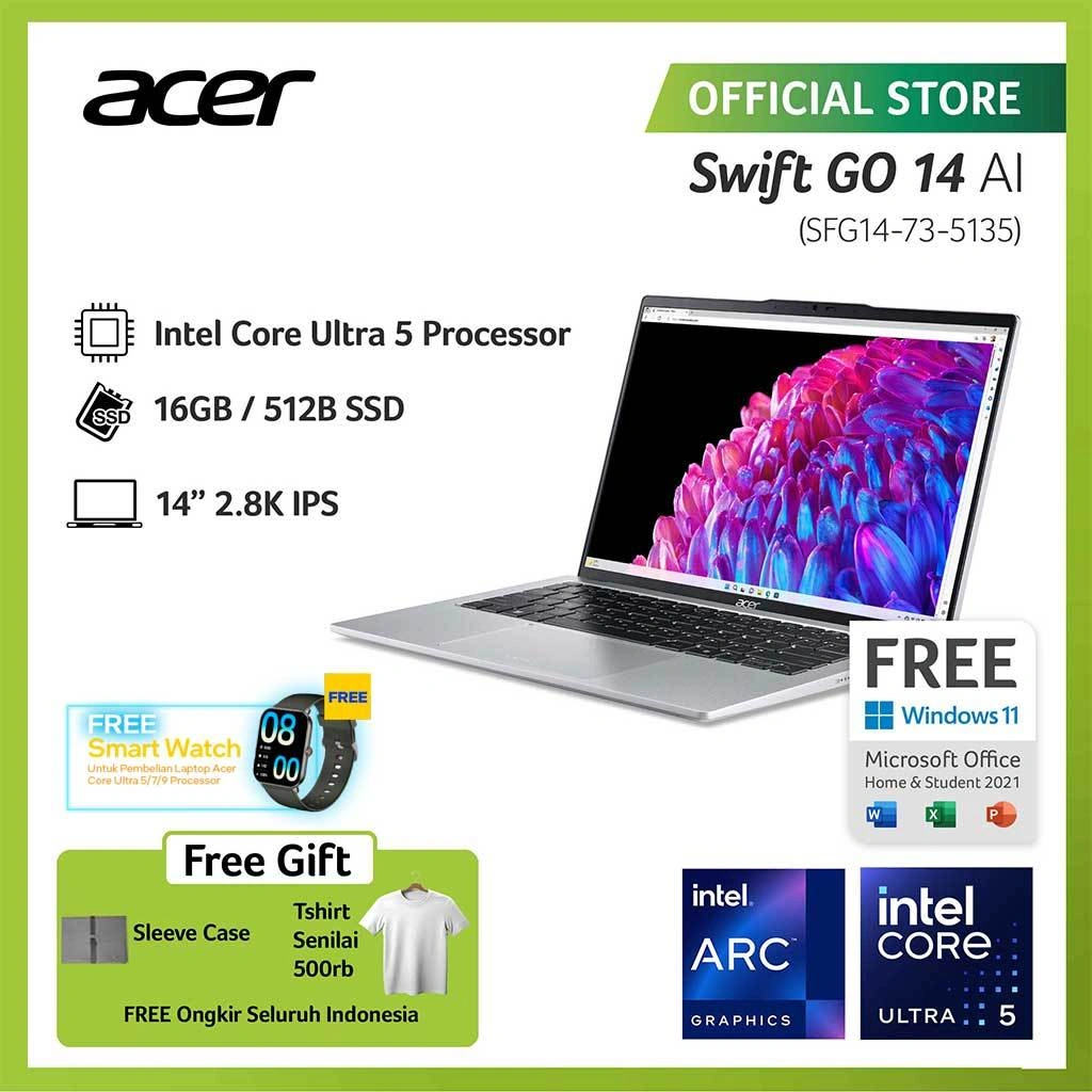 (FREE EXCLUSIVE TSHIRT & SMARTWATCH) ACER LAPTOP SWIFT GO 14 WITH AI SFG14-73-5135 14" IPS INTEL CORE ULTRA 5 125H RAM 16GB STORAGE 512GB SSD GRAPHICS INTEL ARC WINDOWS 11