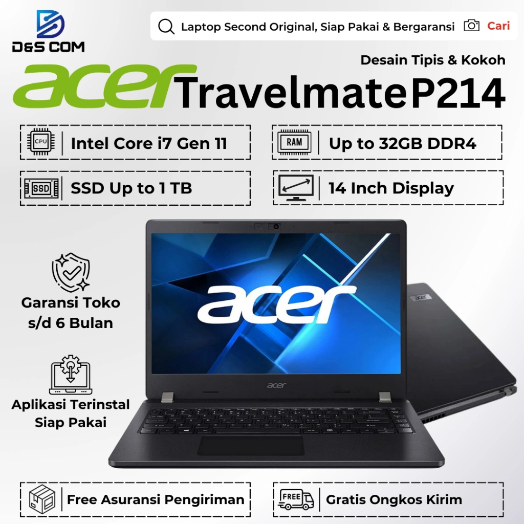 Acer TravelMate P214 i7 / i5 Gen 11 8GB 16GB 512GB Laptop Second Bergaransi Siap Pakai Original