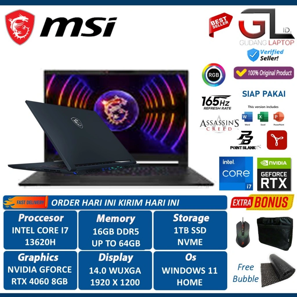 Laptop MSi Stealth 14 Studio A13VF RTX 4060 Intel i7 13620H 64GB 1TB SSD Wuxga IPS 144Hz Windows 11