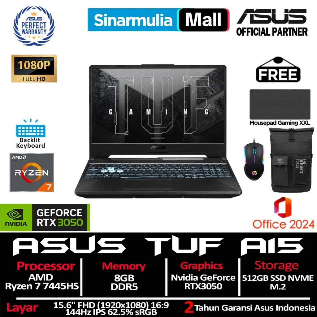 ASUS TUF Gaming A15 FA506NCG Ryzen 7 7445HS RTX3050 512GB SSD 8GB IPS 144Hz Win11+OHS