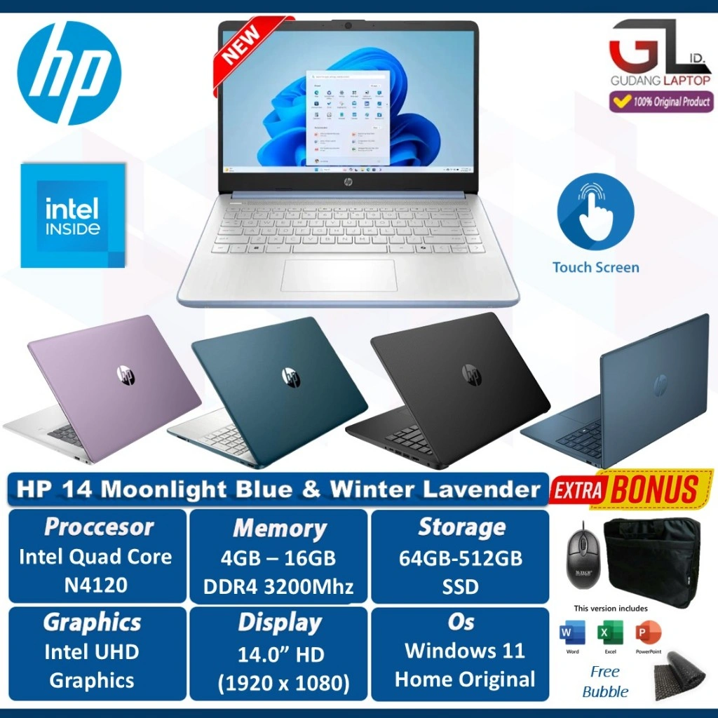 Laptop Touchscreen HP 14 Intel Core N4120 RAM 16GB 512GB SSD 14 Inch HD 720P Windows 11 Home