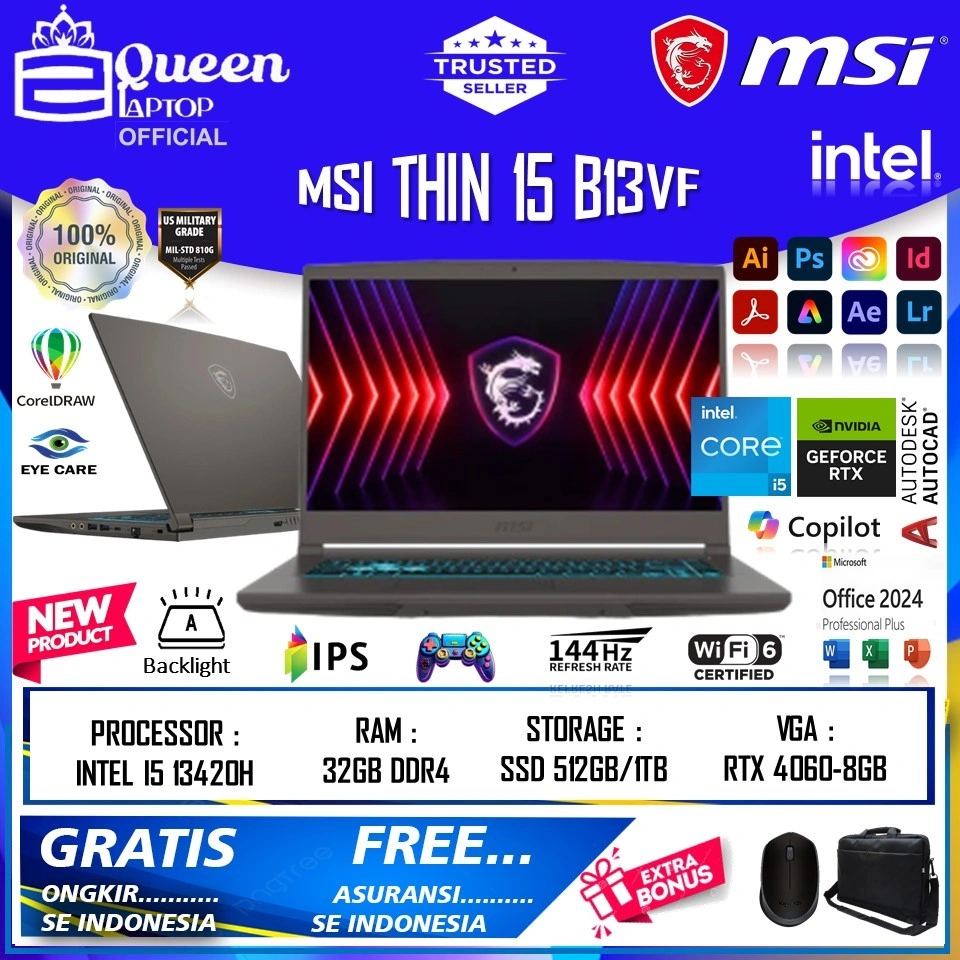 Laptop Gaming MSI THIN 15 B13VF INTEL I5 13420H 16GB 512GB RTX4060-8GB FHD IPS 144HZ BL WIN11 Original