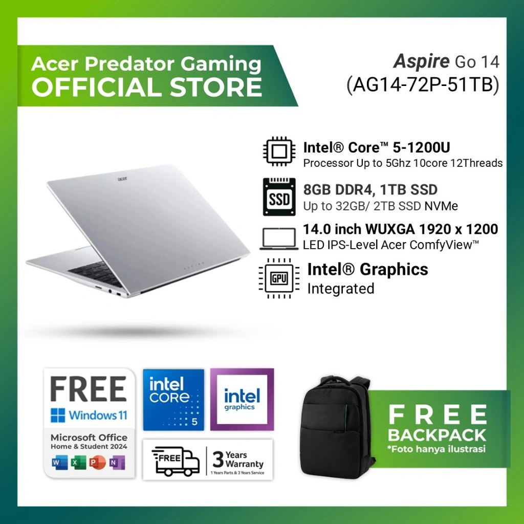 ACER ASPIRE GO 14 AG14-72P-51TB CORE I5 120U 16GB 1TB WINDOWS 11 + OFFICE 14.0WUXGA IPS SLV