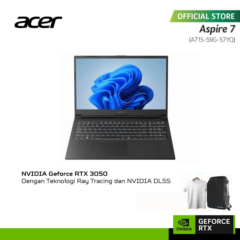 (FREE EXCLUSIVE TSHIRT) ACER LAPTOP GAMING ASPIRE 7 PRODUCTIVITY A715-59G-57YQ NVIDIA GEFORCE RTX 3050 15.6" FHD INTEL CORE I5-13420H RAM 8GB STORAGE 512GB SSD NVIDIA GEFORCE RTX 3050 WINDOWS 11