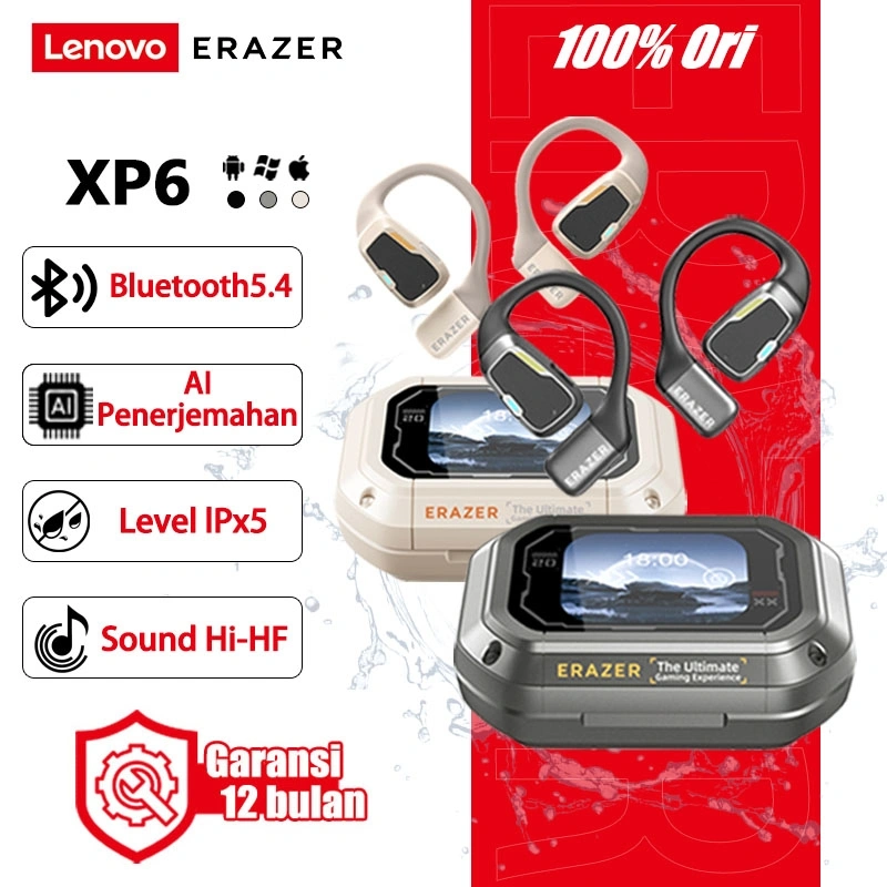 Lenovo ERAZER XP6 Headset Bluetooth Wireless TWS Open Fit Earphone AI Translation Bass Kuat Low Latency Noise Canceling HiFi Audio IPX5 Waterproof Cocok untuk Musik Gaming Sport Android iOS