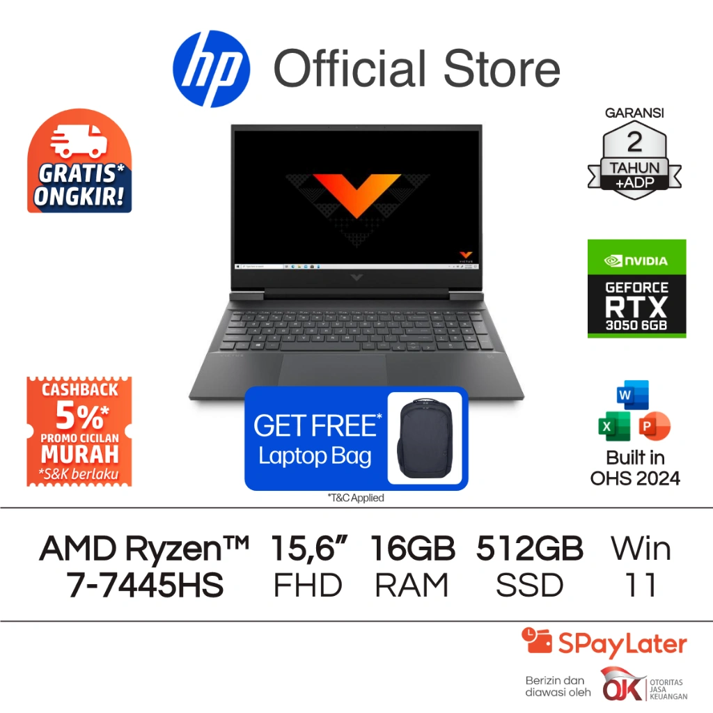 Victus Laptop Gaming HP AMD Ryzen 7 NVIDIA GeForce RTX 3050 16GB RAM 512GB SSD Silver Free Windows 11 Home 15.6 Inch 144Hz Garansi 2 Tahun Promo Murah Gratis Ongkir Official Non Second