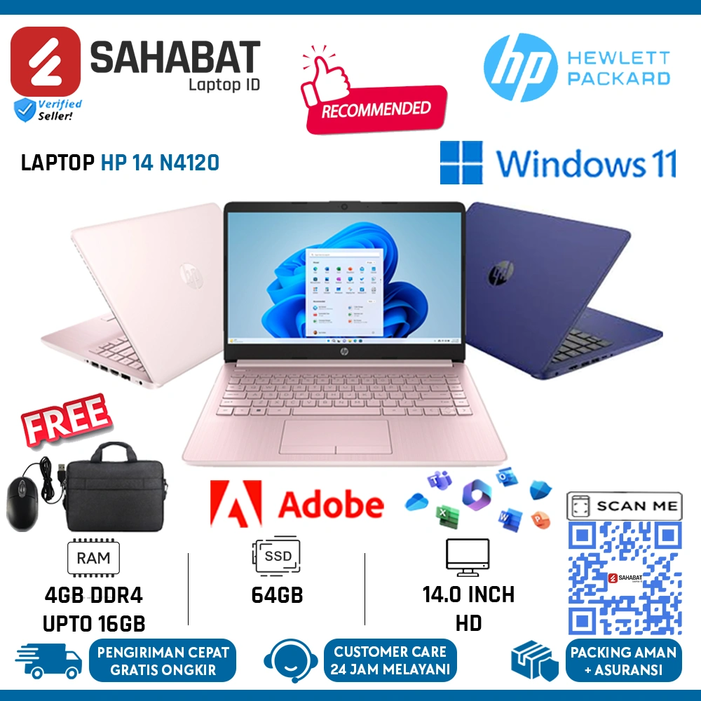 Laptop murah baru HP 14 Intel core N4120 ram 8GB 14.0 inch Touchscreen jernih Windows 11 Original