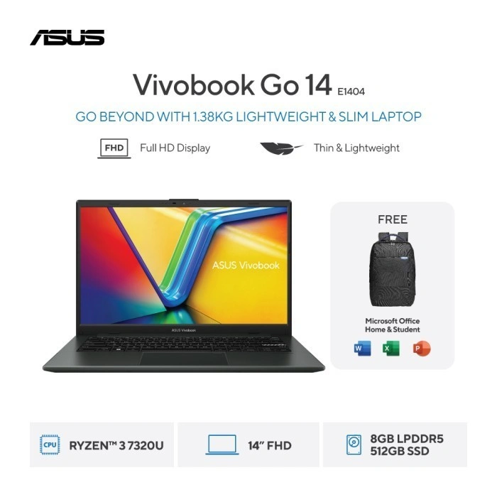 ASUS Vivobook Go 14 E1404FA-FHD3851M - Mixed Black [AMD Ryzen 3 7320U /  AMD Radeon Graphics / 8GB / 512GB / 14inch / WIN11 / OHS24 / M365]