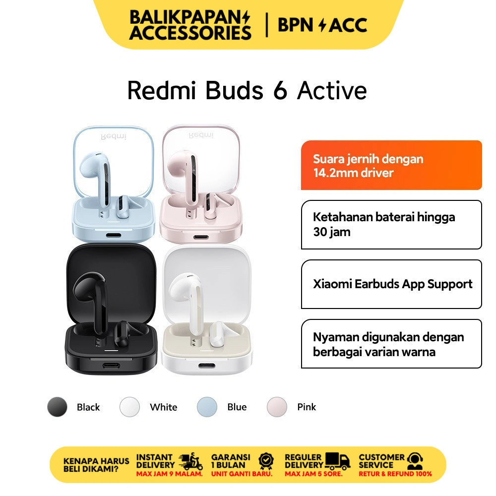 Xiaomi Redmi Buds 6 Active | Google Fast Pair | Baterai Hingga 30 Jam | Audio Spasial | IPX 4 [Official Store] - BALIKPAPAN ACC