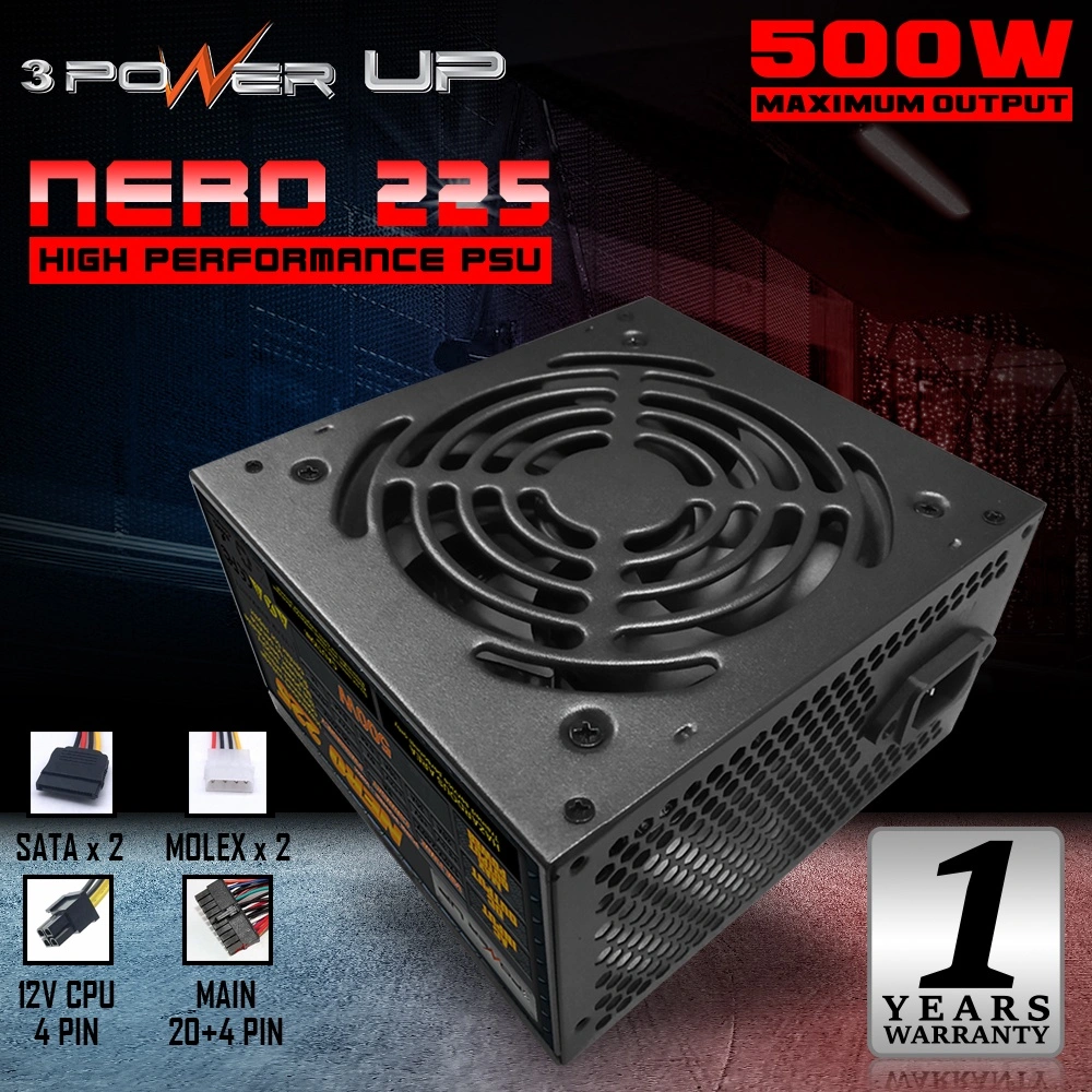 Power Supply PSU 500 Watt 3 Power Up NERO 225 FAN Silent Fan -  PSU 500W - PSU Pure Power Supply Flat Cables