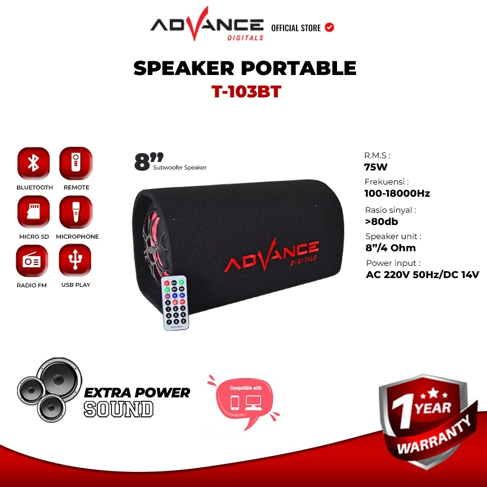 Advance 8" Subwoofer Bluetooth Speaker Super Bass Speaker Karaoke T103 BT |Garansi Resmi Advance 1 Tahun