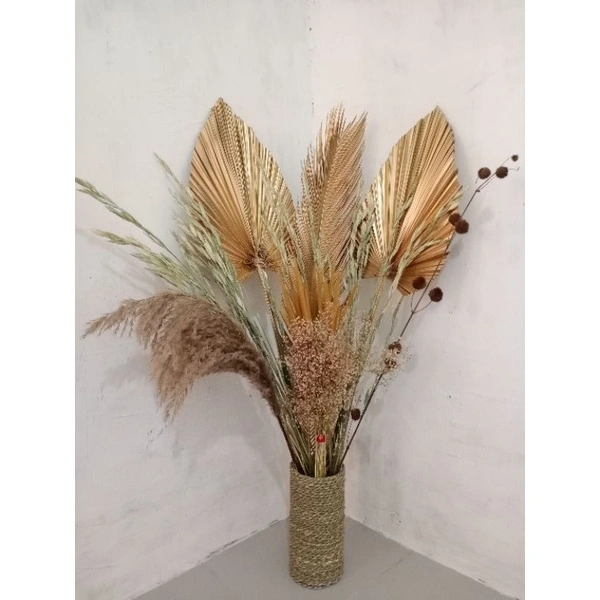 Paket Bunga Kering+Pot Mendong+Daun Palem Kering+Pampas/Bunga Rustic/Dekorasi Rustic/Sikas/Dekorasi Aesthetic/Hampers