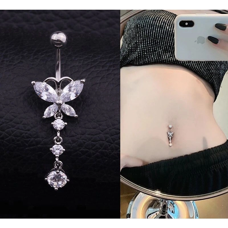 1PCS Anting  Belly Anting Puser Stainless Steel Butterfly Zircon Cubic Jurai Love Piercing Body Jewelry
